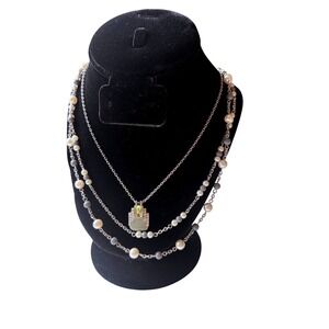 Lia Sophia Multi Strand Layered Necklace Silver Tone Faux Pearl Green Pendant